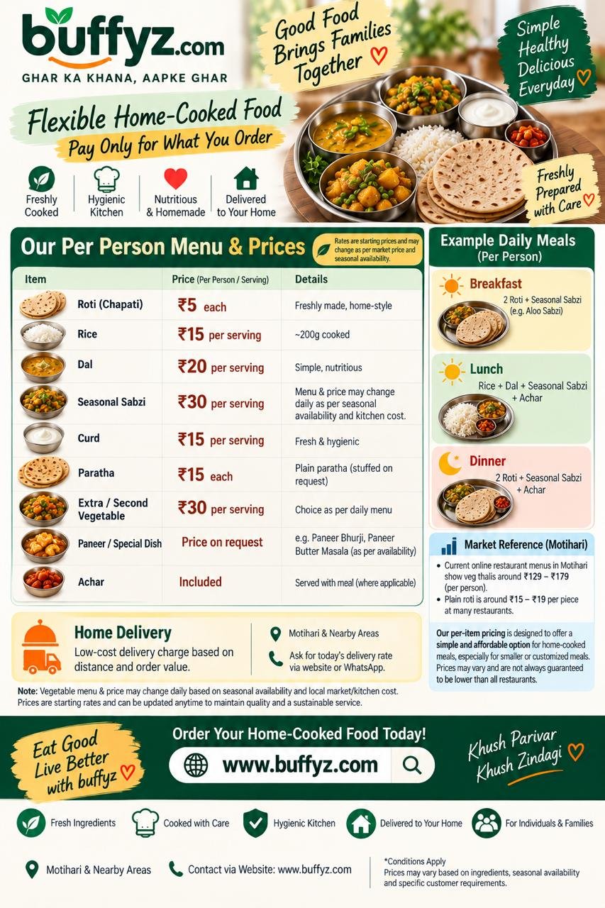 Home-cooked food menu and prices from Buffyz